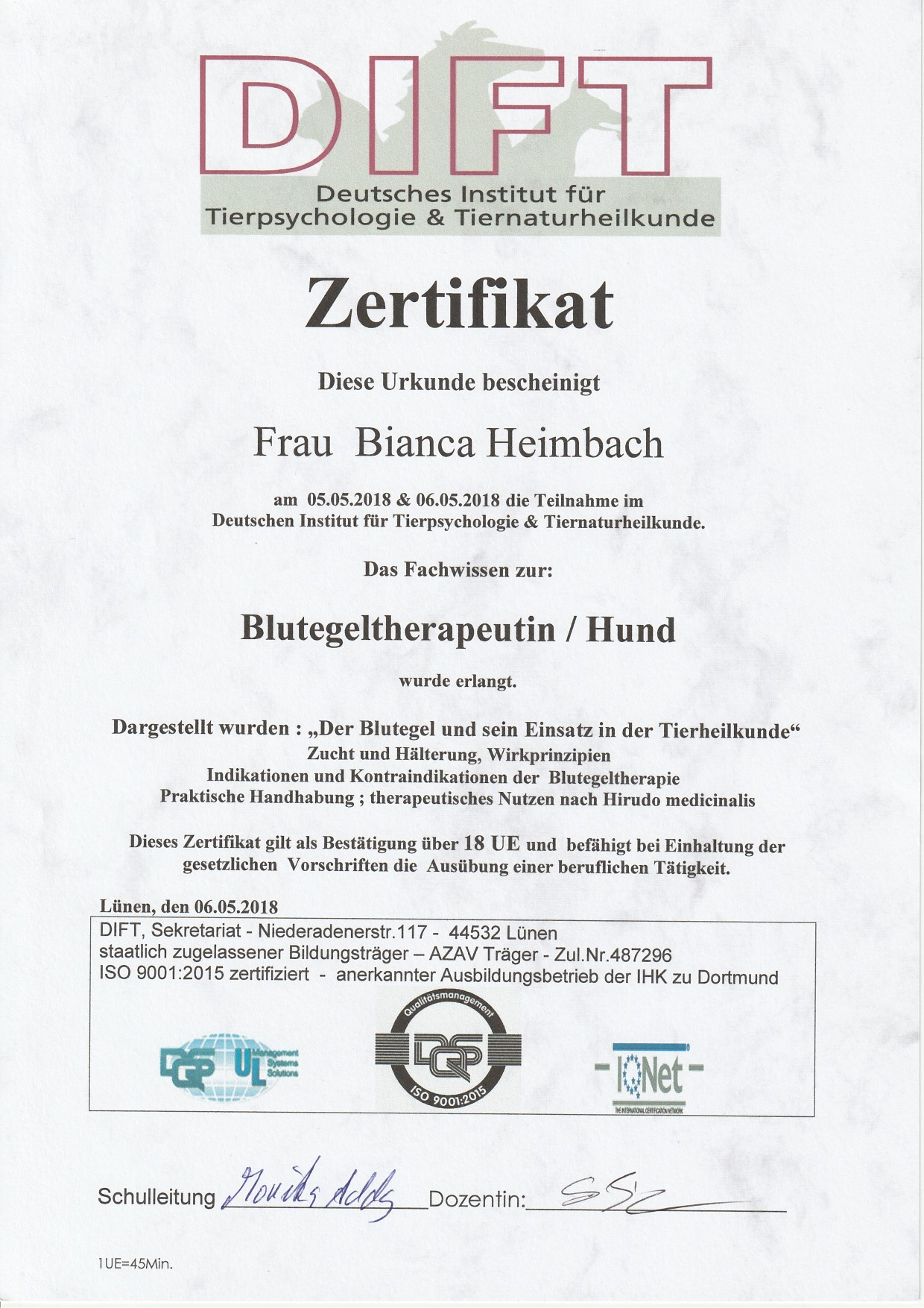 BLutegeltherapeutin-Zertifikat